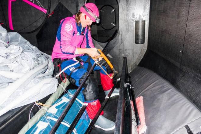 Onboard Team SCA - Stacey Jackson,the team sail maker repairing battens for the main sail - Leg five to Itajai -  Volvo Ocean Race 2015 © Anna-Lena Elled/Team SCA